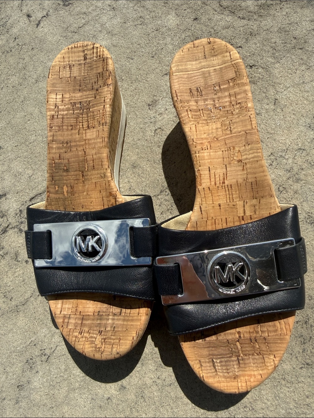Michael Kors Black Leather Cork Slide Sandals with Silver MK Accent